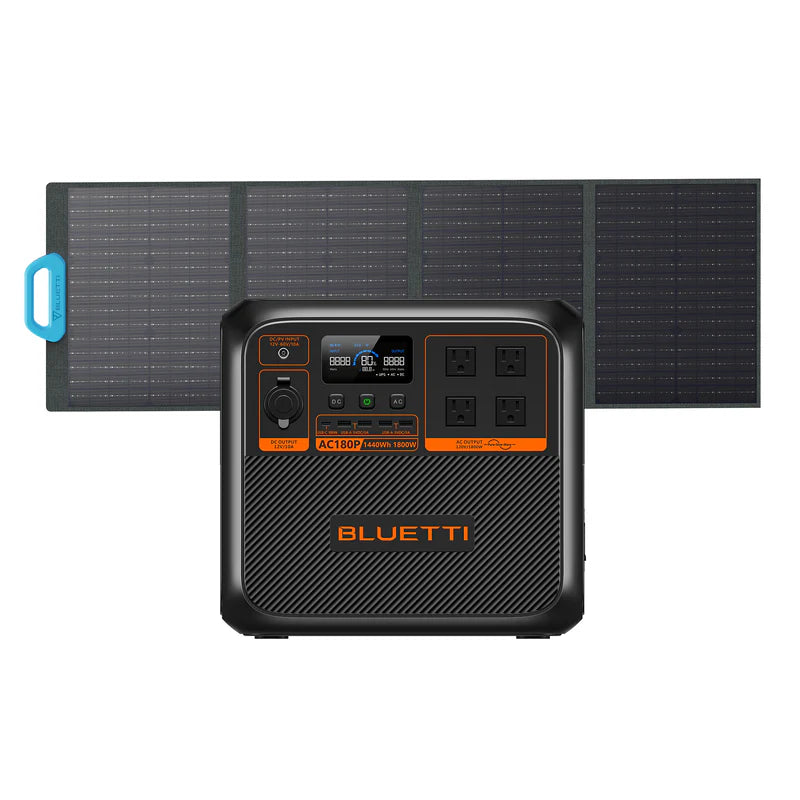 Bluetti power station with solar panel on a white background