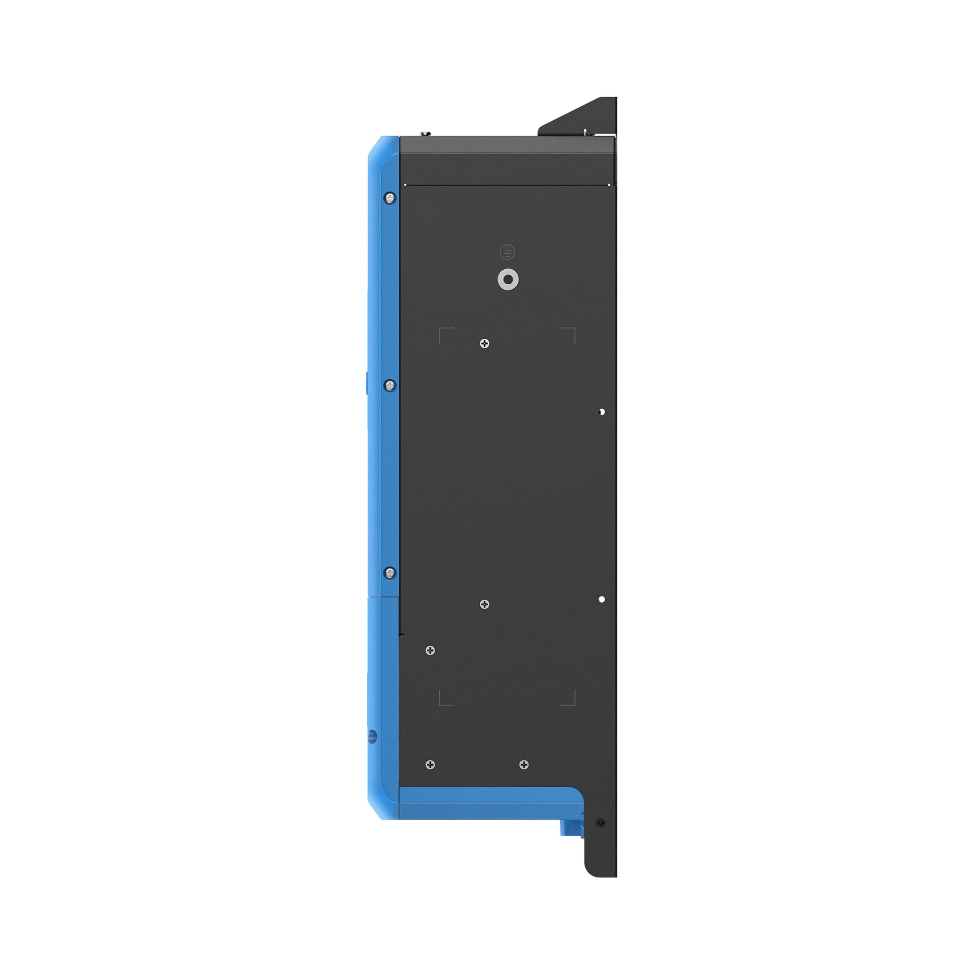 Black electronic component with blue accents on a white background
