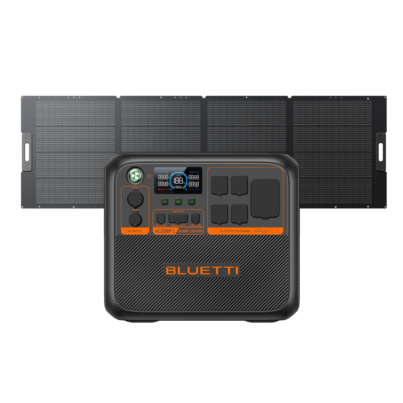 Bluetti power station with solar panel on a white background