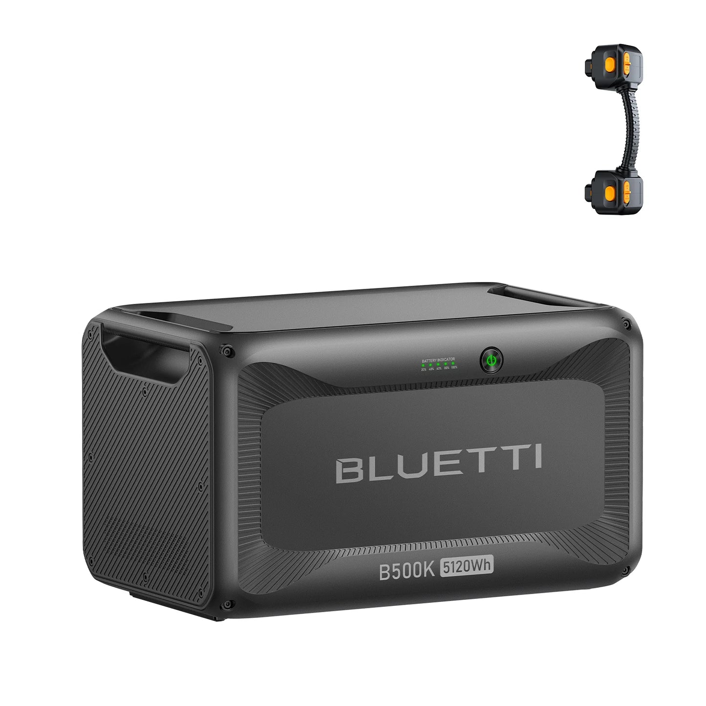 Bluetti power station with a small device on top on a white background