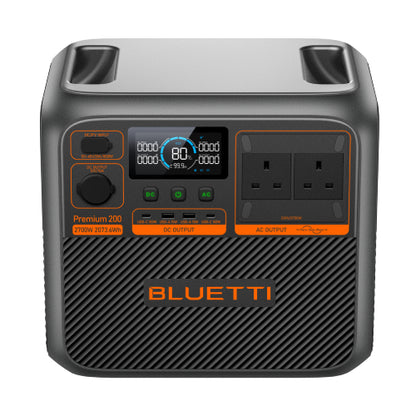 Bluetti power station with digital display and multiple outlets on a white background